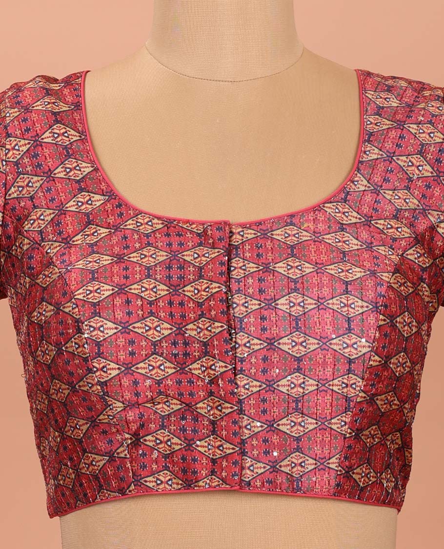 Pink Readymade Blouse Elevated with Diamond-Patterns Print, Featuring a Front Round-Neck, Back Round-Neck, and Elbow Sleeves