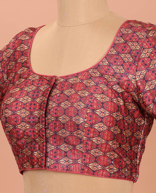 Pink Readymade Blouse Elevated with Diamond-Patterns Print, Featuring a Front Round-Neck, Back Round-Neck, and Elbow Sleeves