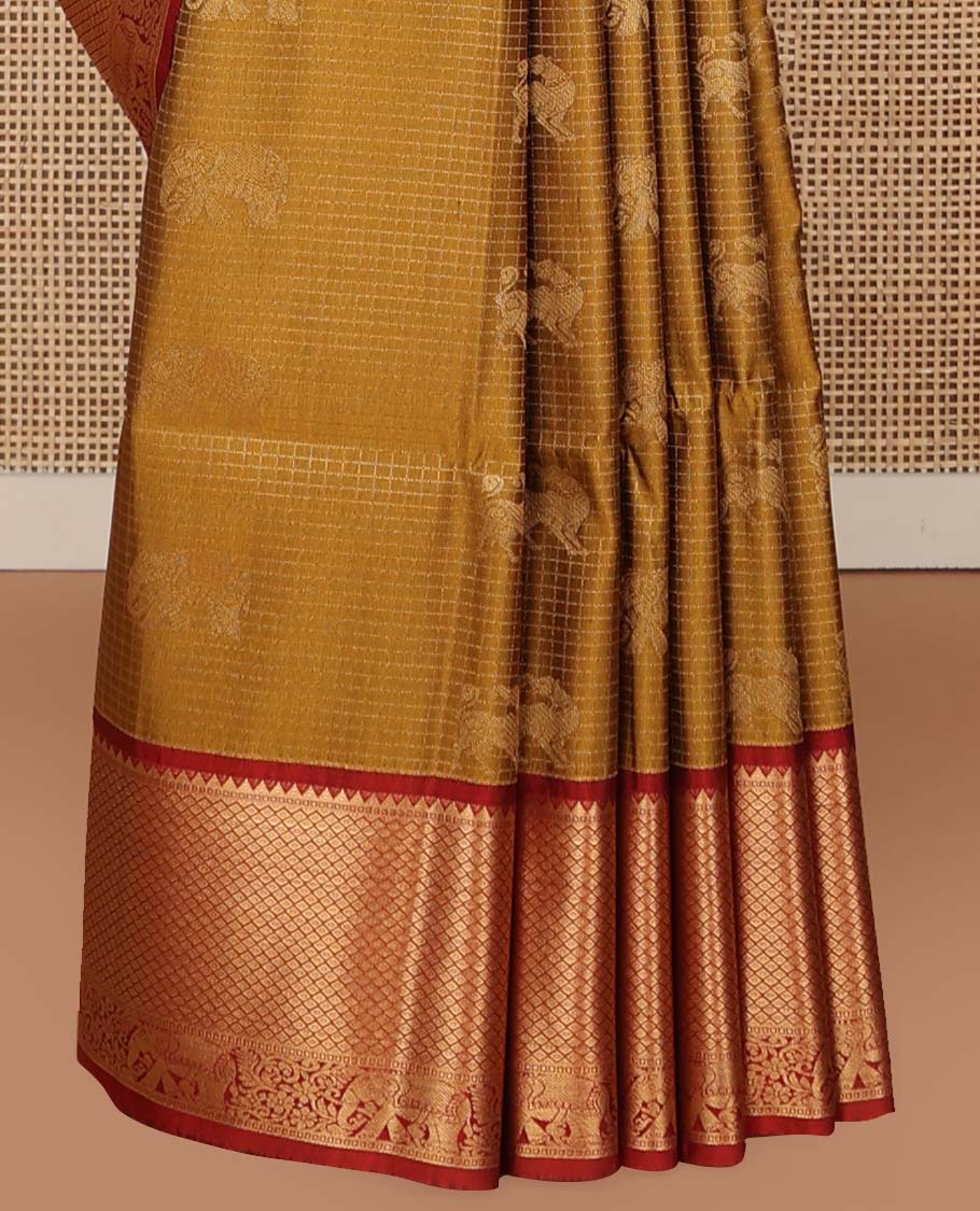 Brown checked, animal motifs soft silk saree with contrast zari design border & argyle design pallu