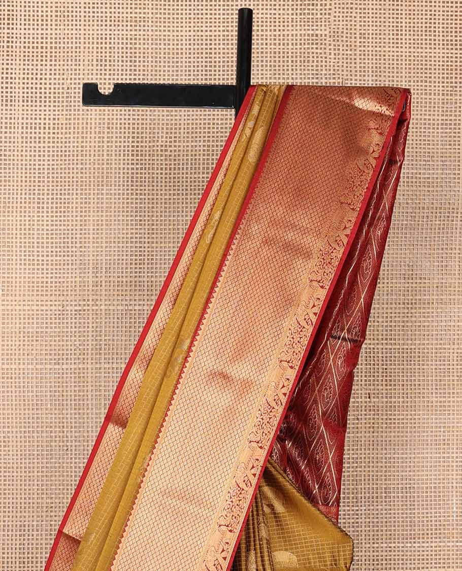 Brown checked, animal motifs soft silk saree with contrast zari design border & argyle design pallu