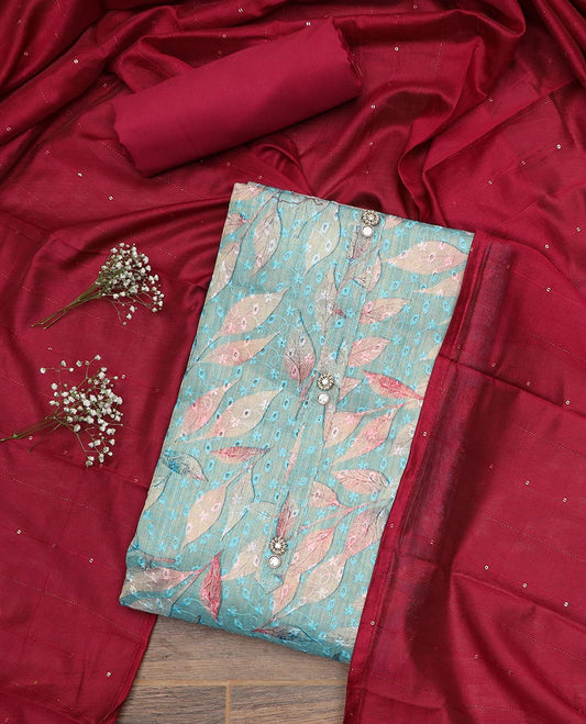 Baby blue material chudidar set, leaf motifs print with thread embroidered top, contrast plain bottom and sequins striped dupatta