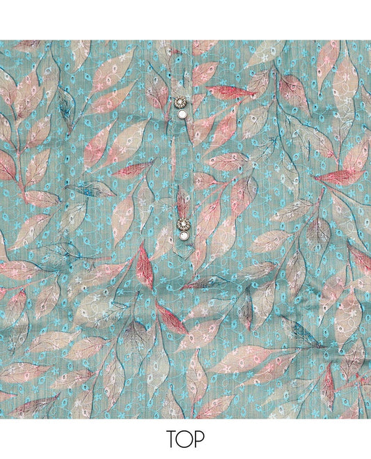 Baby blue material chudidar set, leaf motifs print with thread embroidered top, contrast plain bottom and sequins striped dupatta