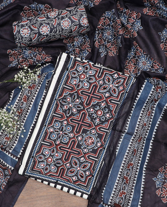 Black material chudidar set, stripes, Ajrakh motifs printed with embroidered top, floral vine printed bottom and floral printed dupatta