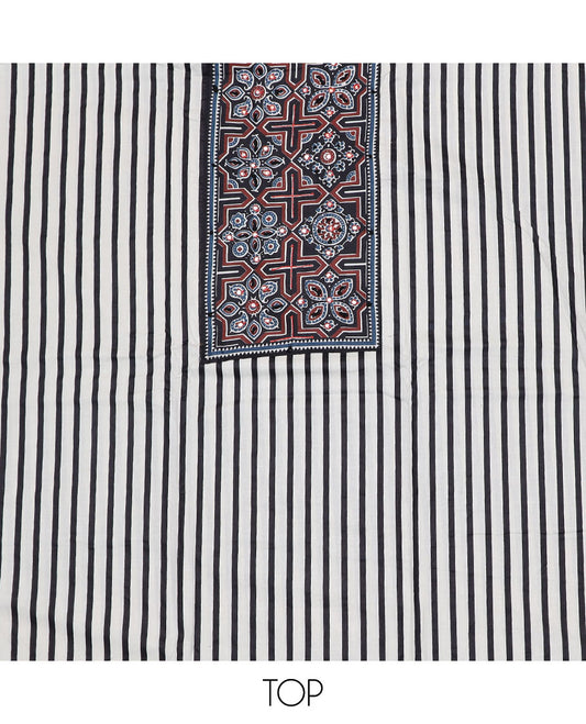 Black material chudidar set, stripes, Ajrakh motifs printed with embroidered top, floral vine printed bottom and floral printed dupatta