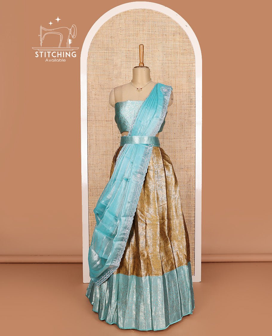 Mustard art silk half-saree, floral vine design with contrast traditional zari bordered skirt, contrast jacquard blouse, and scallop embroidered dhavani