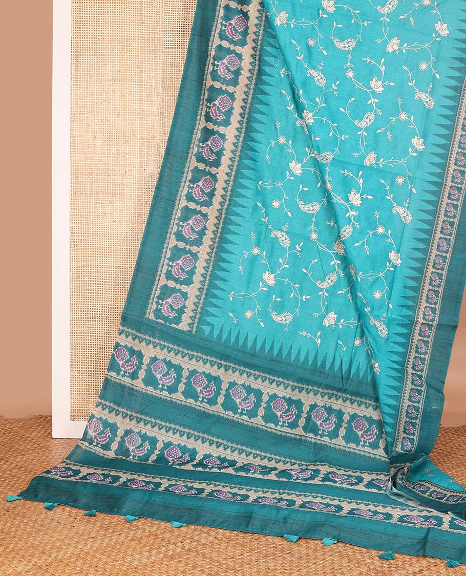 Blue paisley vine printed chanderi cotton saree, contrast temple border and pallu of ikkat peacock print