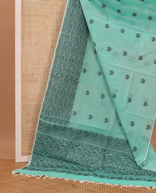 Blue buttas Coimbatore cotton saree, elephant & peacock motifs enclosed checked border & floral design pallu
