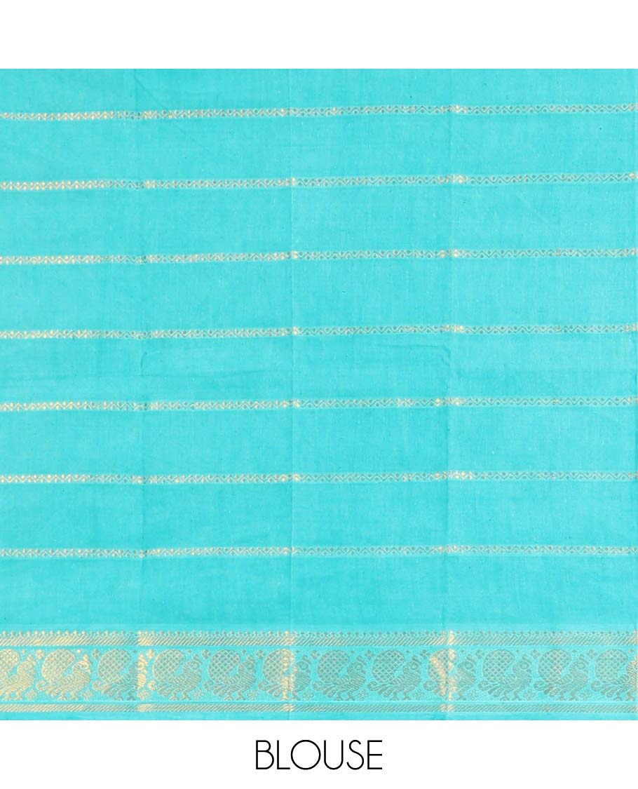Navy blue veldhari stripes Sungudi cotton saree, contrast peacock zari border & zari striped pallu