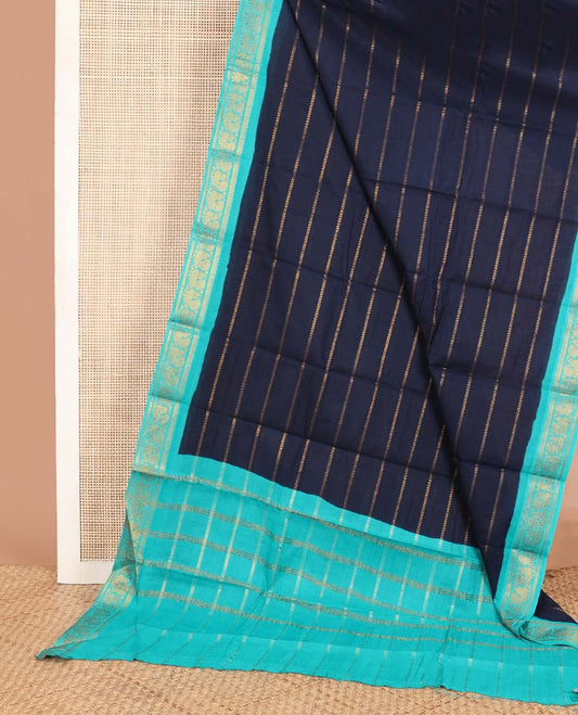 Navy blue veldhari stripes Sungudi cotton saree, contrast peacock zari border & zari striped pallu