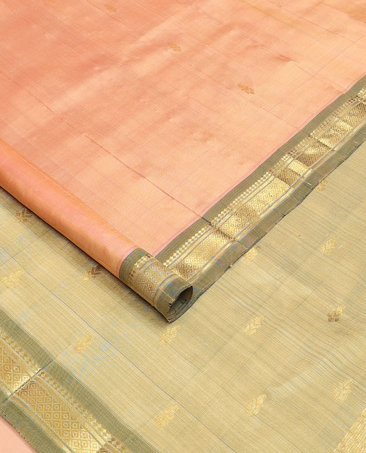 Peach zari buttas Kanchipuram silksaree, contrast one-sided border of panner sombu, banaras & mayil kann & zari design pallu