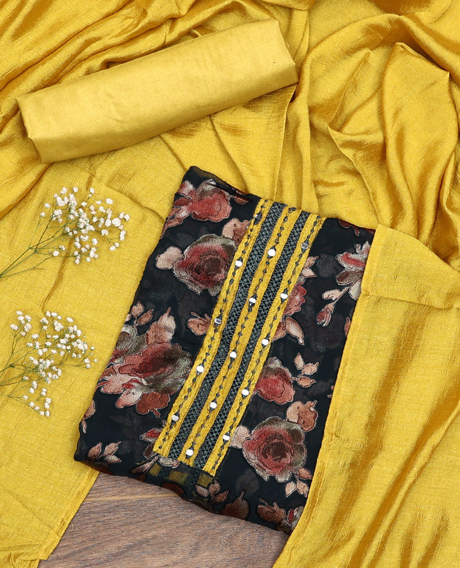 Black material chudidar set, floral print with mirror neck embroidered top, contrast yellow bottom and plain dupatta