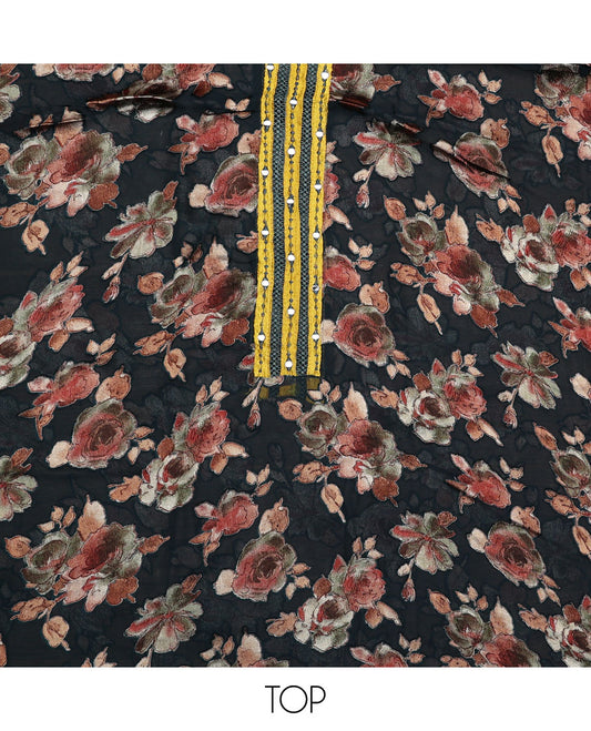 Black material chudidar set, floral print with mirror neck embroidered top, contrast yellow bottom and plain dupatta