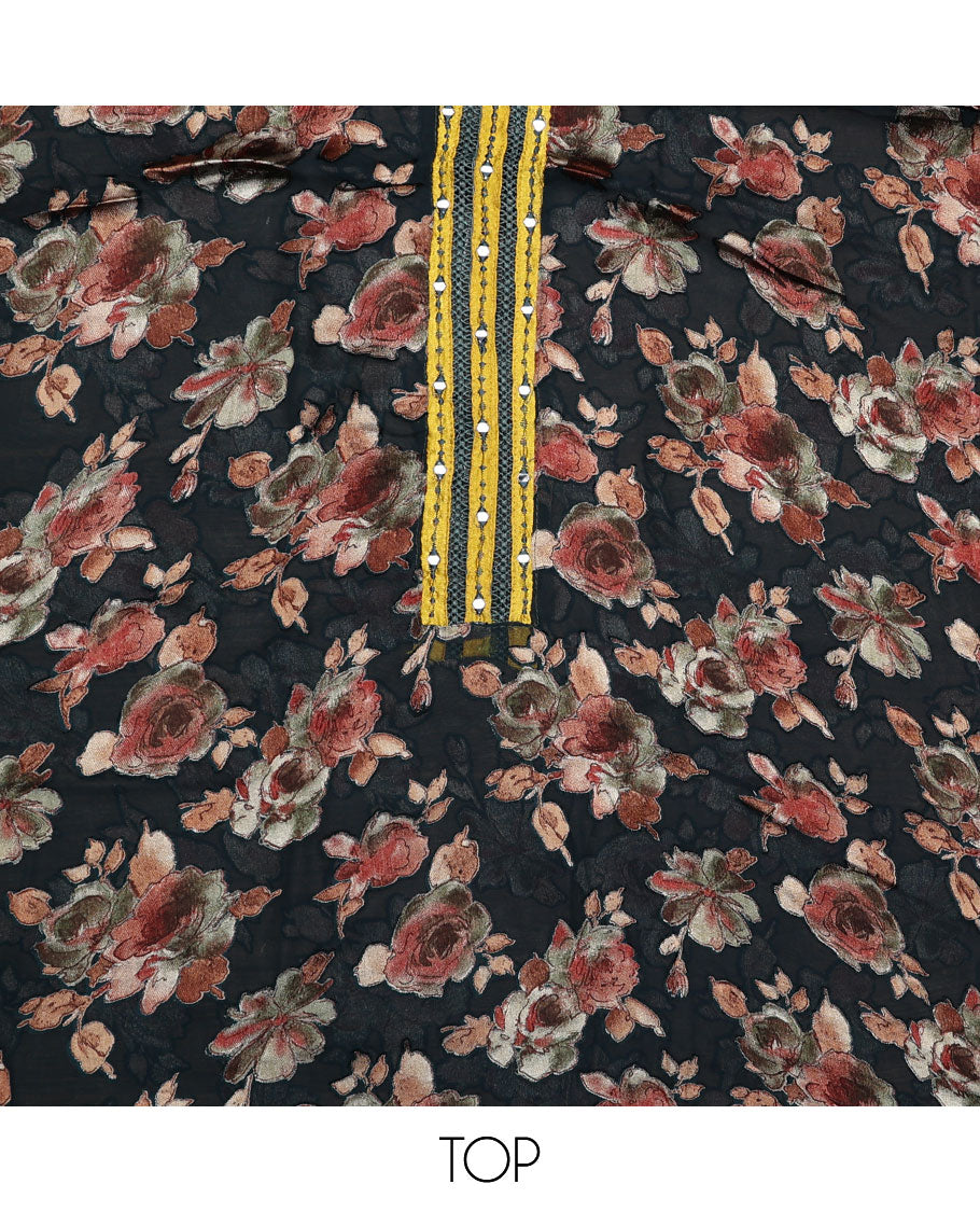 Black material chudidar set, floral print with mirror neck embroidered top, contrast yellow bottom and plain dupatta