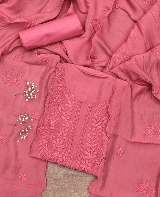 Pink Material Chudidar Set, Delicately Woven with Floral-Paisley Embroidered Muslin Top, a Plain Santoon Bottom, and Paired with Intricately Printed Muslin Dupatta