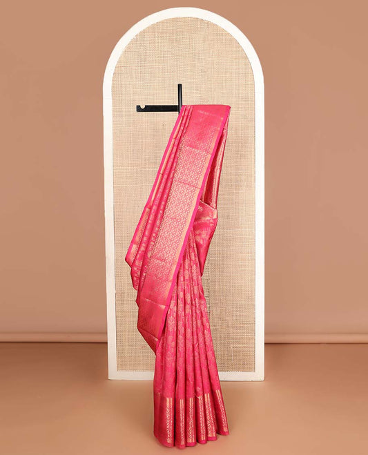 Pink zari buttas Vasundhara silk mix saree, zari border & pallu of geometric patterns