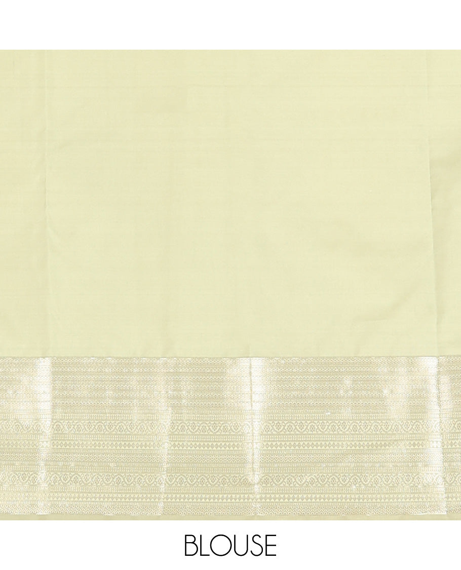 Pale green zari buttas Vasundhara silk mix saree, zari border of neli,kodi visiry,muthu, and vanki designs, and vanki pallu