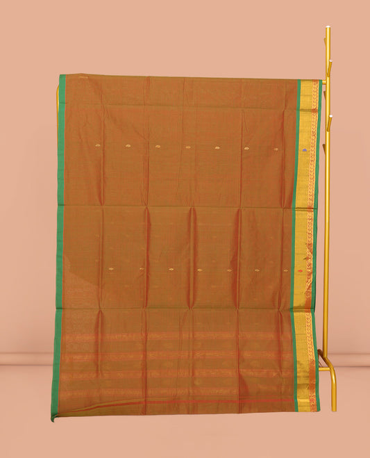 Brown Venkatagiri Cotton Saree, Detailed with Buttas, a Contrast Zari-Thread Border, Pallu of Buttas and Stripes, and No Blouse