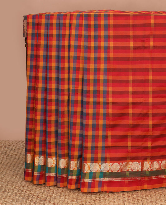Multi-color checked design poly cotton saree, rudraksham zari border & striped pallu