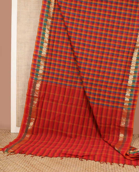 Multi-color checked design poly cotton saree, rudraksham zari border & striped pallu