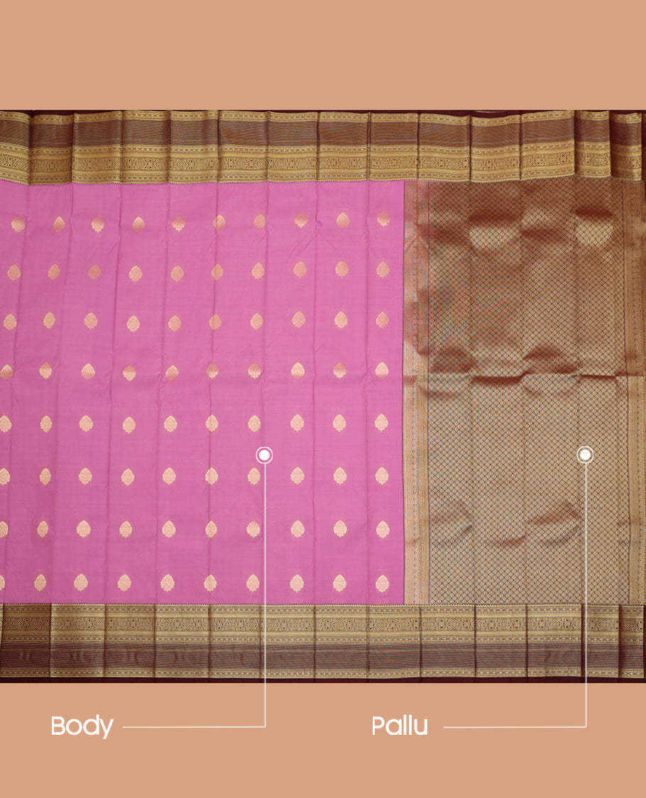 Pink Budget Silk Saree, Beautified with Buttas All Over Its Body, Complemented by a Contrast Traditional Zari Design Border, Pallu of Jaal Designs, and Paired with a Contrast Blouse