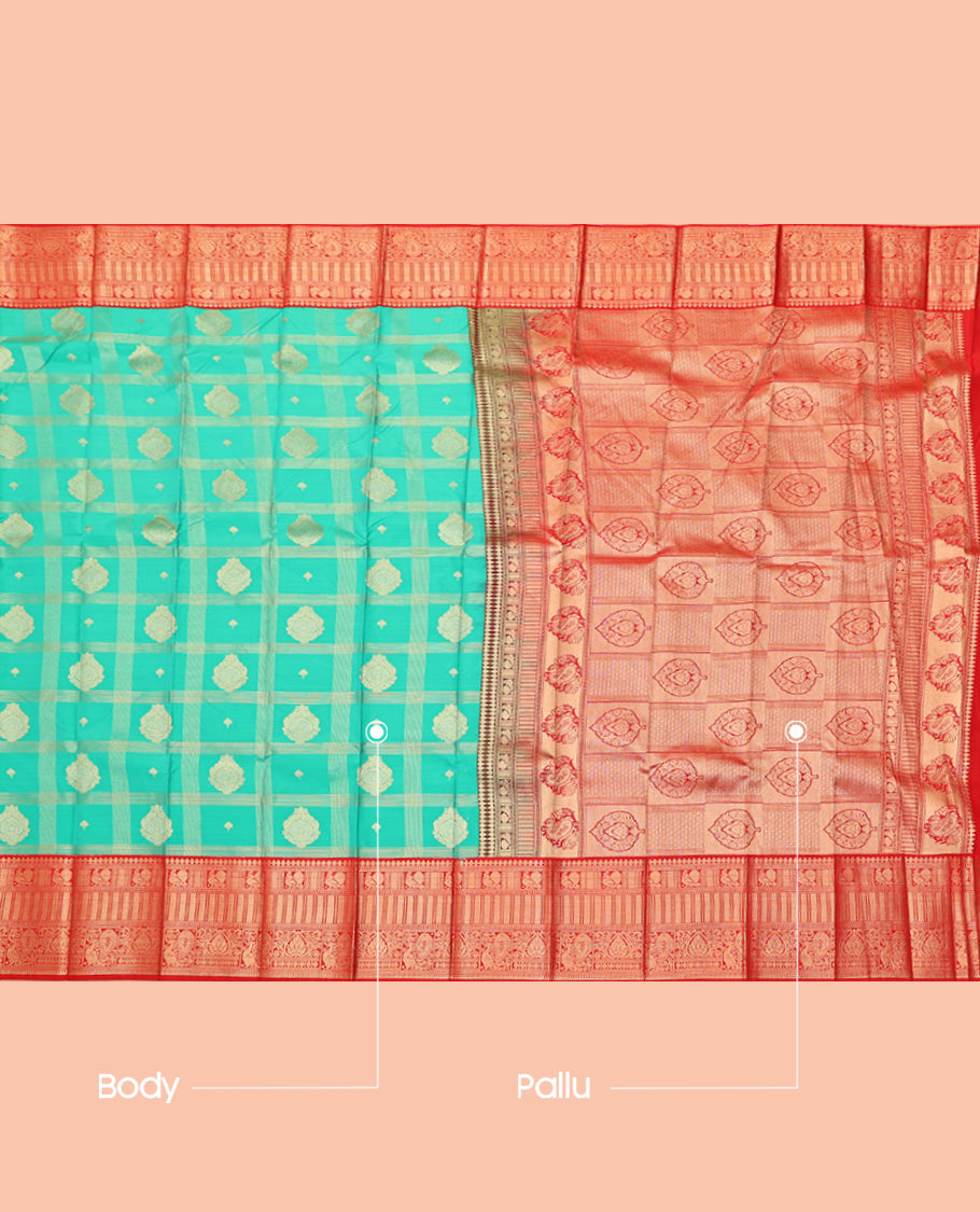Turquoise Budget Silk Saree, Gleamed Up with Zari Buttas and Checks, a Contrast Traditional Zari Design Border, Grand Pallu, and a Contrast Blouse