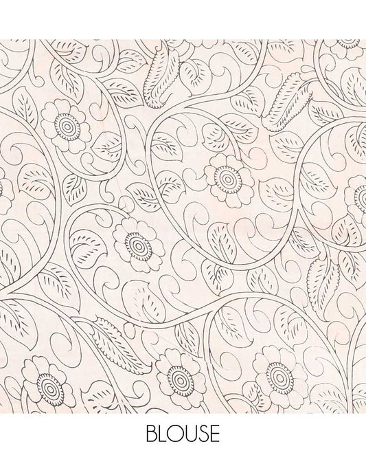 Black unique motifs machine-printed kalamkari cotton saree, contrast unique motifs border & animal motifs pallu