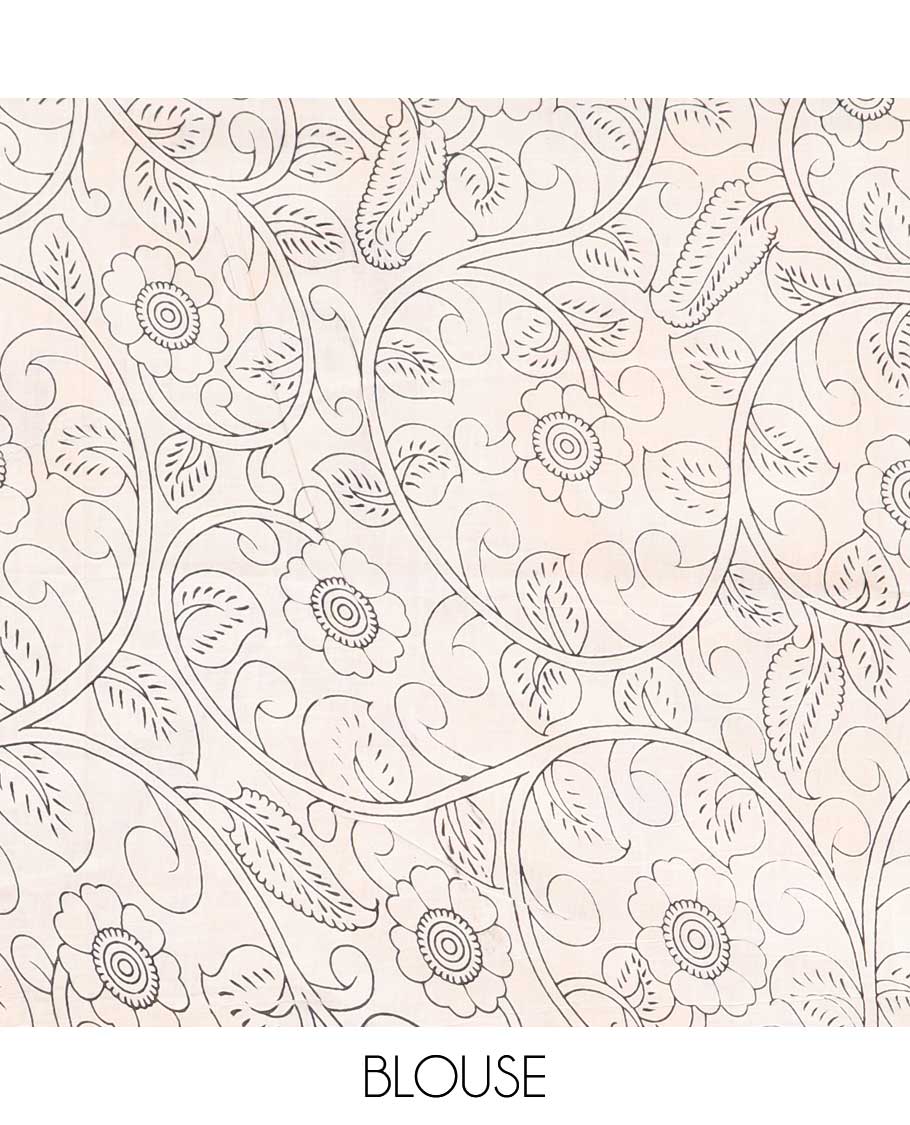 Black unique motifs machine-printed kalamkari cotton saree, contrast unique motifs border & animal motifs pallu