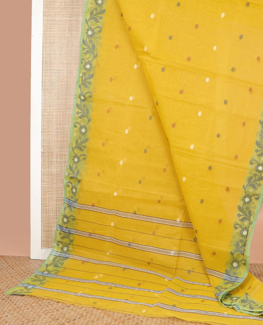 Mustard motifs bengal cotton saree with contrast floral design border & striped, motifs pallu