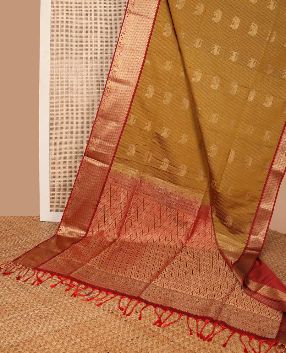 Brown checked, animal motifs soft silk saree with contrast zari design border & argyle design pallu