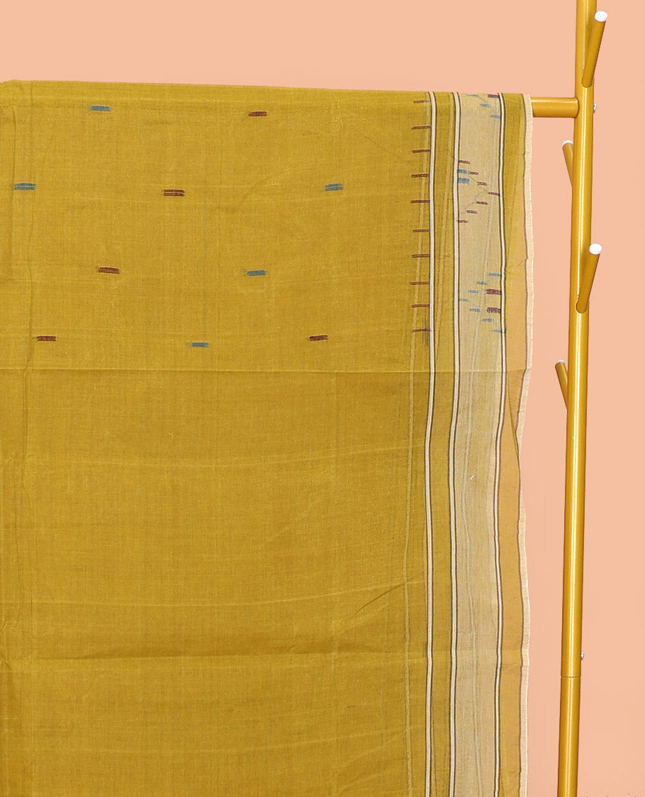 Green Bengal Cotton Saree, Adorned with Thread Buttas, a Subtle Border, Pallu of Stripes and Buttas, and a Matching Blouse