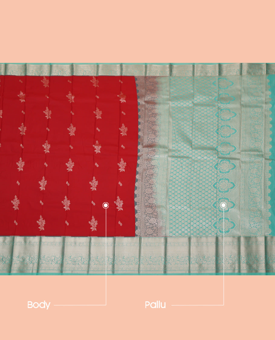 Rust Budget Silk Saree, Embellished with Zari Buttas, Complemented by a Contrast Traditional Zari Border, Grand Pallu, and a Contrast Blouse