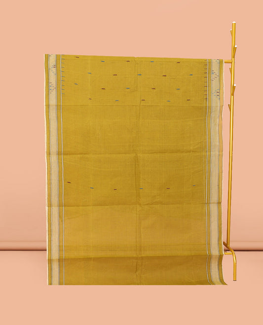 Green Bengal Cotton Saree, Adorned with Thread Buttas, a Subtle Border, Pallu of Stripes and Buttas, and a Matching Blouse