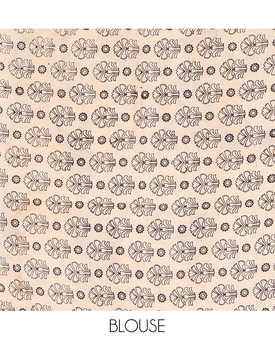Cream Machine-Printed Kalamkari Cotton Saree, Artfully Printed with Warli-Motifs on Its Body, Complemented by a Contrast Human Motifs Printed Border, Pallu of Lord Radha Krishnan Print, and Paired with a Printed Blouse