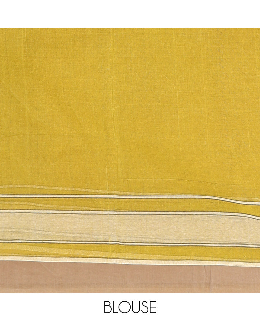 Green Bengal Cotton Saree, Adorned with Thread Buttas, a Subtle Border, Pallu of Stripes and Buttas, and a Matching Blouse