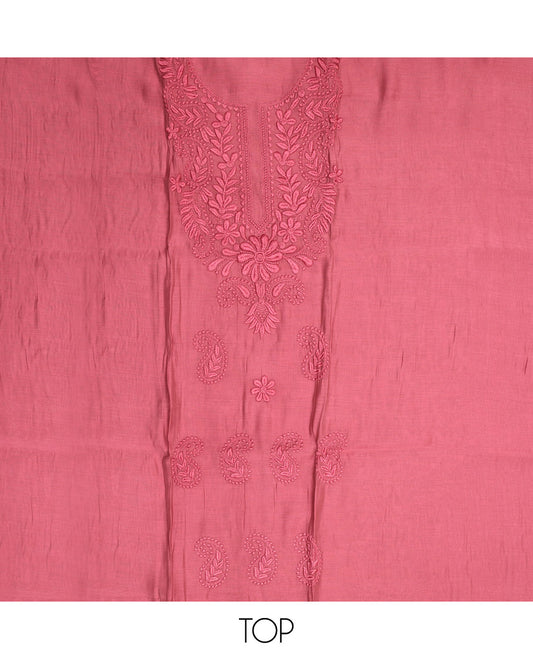 Pink Material Chudidar Set, Delicately Woven with Floral-Paisley Embroidered Muslin Top, a Plain Santoon Bottom, and Paired with Intricately Printed Muslin Dupatta