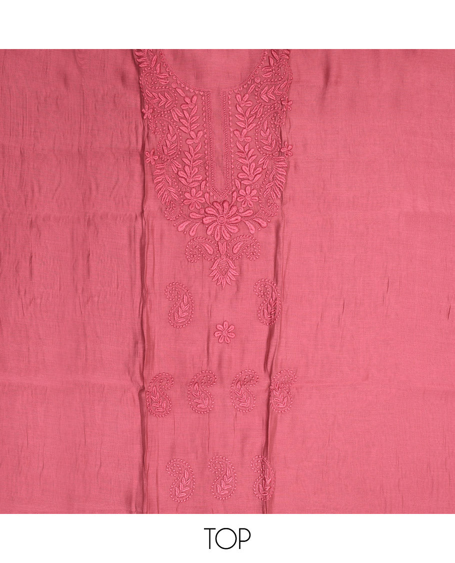 Pink Material Chudidar Set, Delicately Woven with Floral-Paisley Embroidered Muslin Top, a Plain Santoon Bottom, and Paired with Intricately Printed Muslin Dupatta