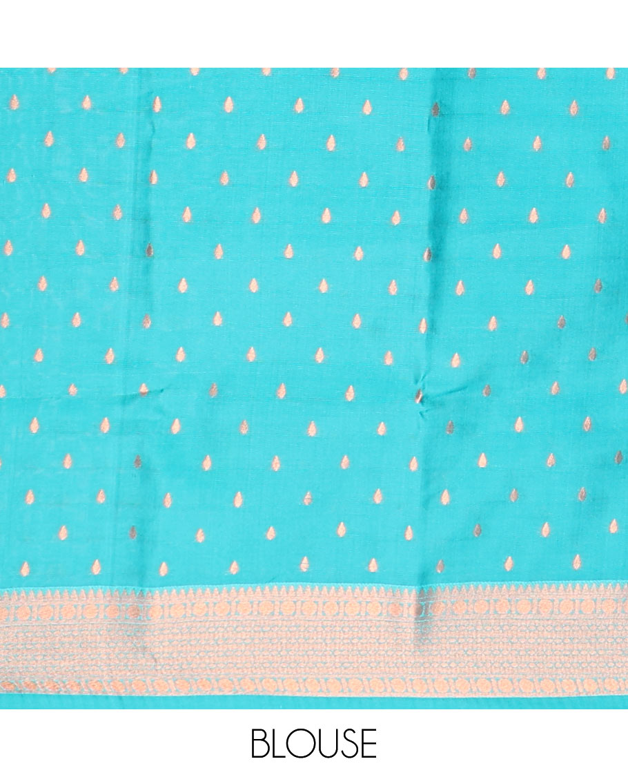 Peach geometric design butter silk saree with contrast zari border & intricate zari pallu
