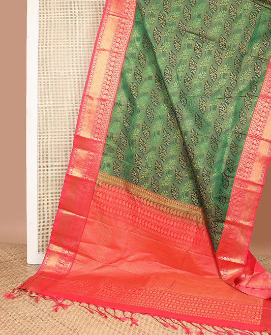 Green floral jaal design gift saree with contrast zari designb order & paisley, geometric design pallu