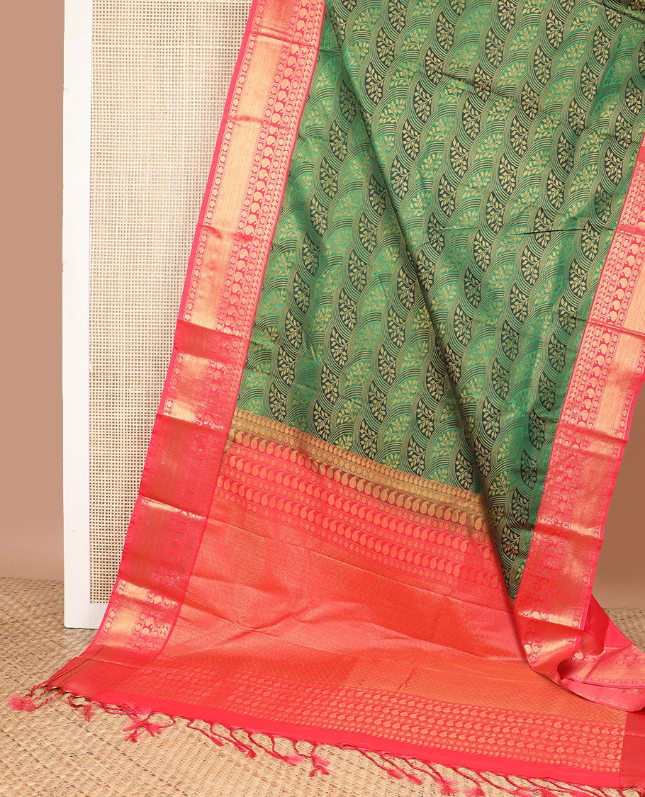 Green floral jaal design gift saree with contrast zari designb order & paisley, geometric design pallu