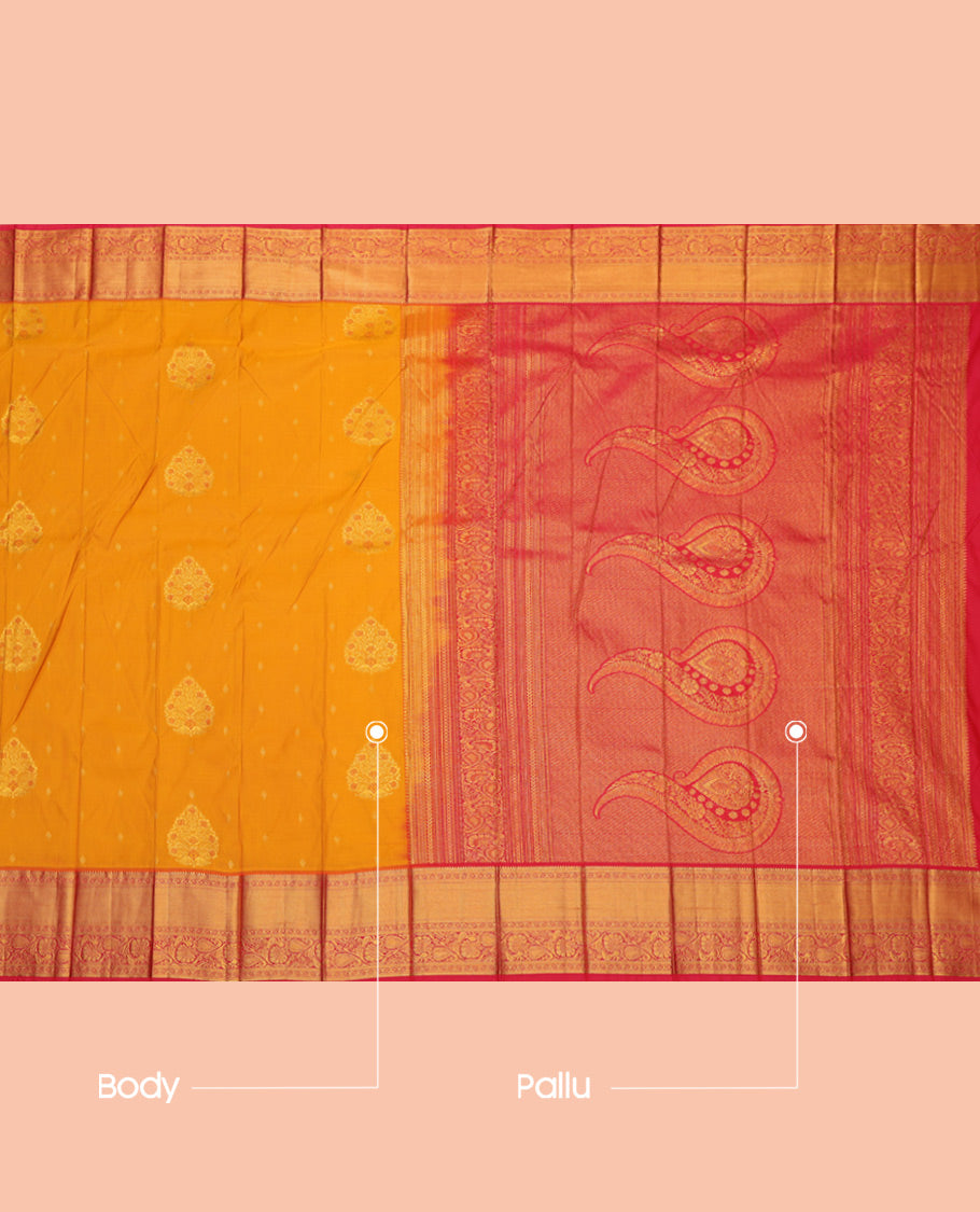 Orange Budget Silk Saree, Embellished with Zari Buttas, a Contrast Traditional Zari Border, Grand Pallu, and a Contrast Blouse