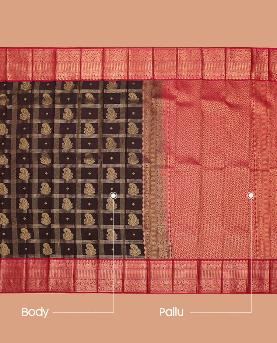 Brown Budget Silk Saree, Highlighted with Paisley Butta Enclosed Checks on Its Body, Complemented by a Contrast Traditional Zari Design Border, Grand Pallu, and Paired with a Contrast Blouse