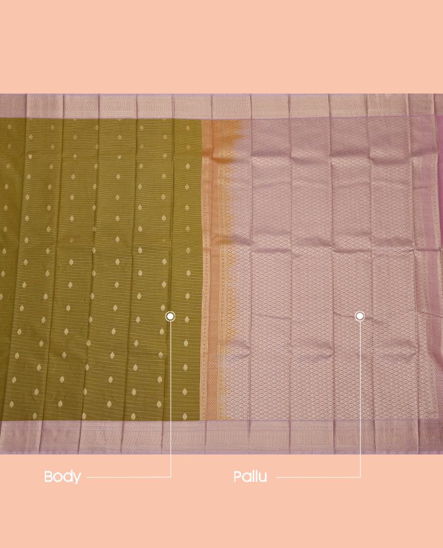 Green Budget Silk Saree, Detailed with Zari Buttas and Zari Stripes on Its Body, Complemented by a Contrast Traditional Zari Design Border, Grand Jaal Pallu, and Paired with a Contrast Blouse