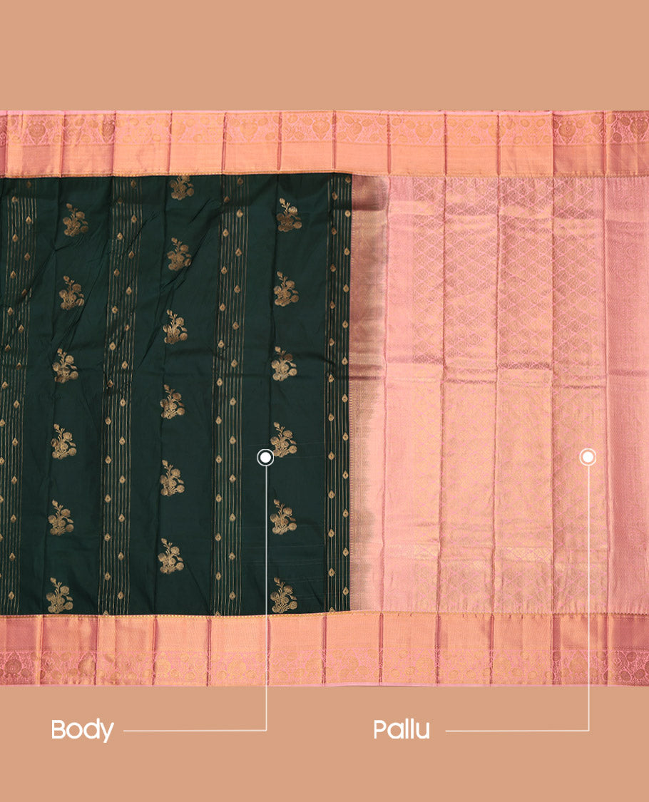 Green Budget Silk Saree, Meticulously Crafted with Zari Buttas, Complemented by a Contrast Traditional Border, Grand Pallu, and a Contrast Blouse