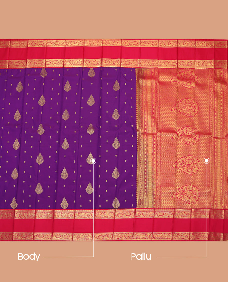 Purple Budget Silk Saree, Elevated with Zari Buttas, Complemented by a Contrast Traditional Rettai Pettu Zari Border, Grand Pallu, and Contrast Blouse