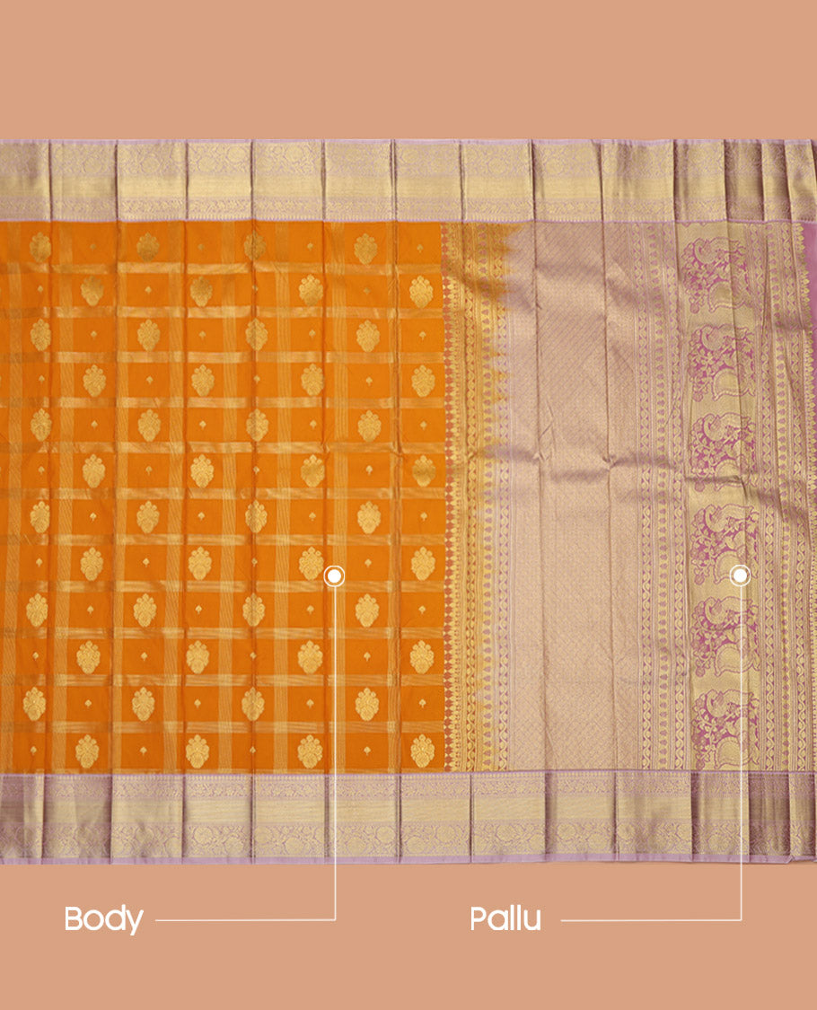 Yellow Budget Silk Saree, Sparsely Woven with Zari Butta Enclosed Checks on Its Body, Complemented by a Contrast Traditional Zari Design Border, Grandly Decked Up Pallu, and Paired with a Contrast Blouse