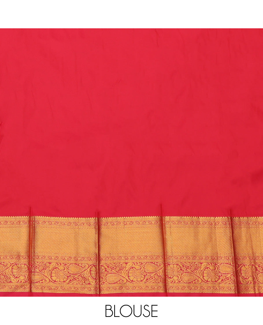 Orange Budget Silk Saree, Embellished with Zari Buttas, a Contrast Traditional Zari Border, Grand Pallu, and a Contrast Blouse