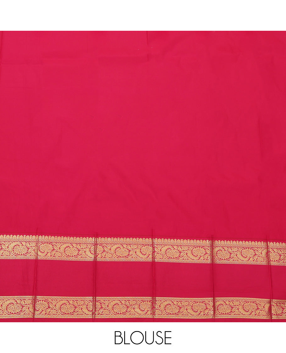 Purple Budget Silk Saree, Elevated with Zari Buttas, Complemented by a Contrast Traditional Rettai Pettu Zari Border, Grand Pallu, and Contrast Blouse