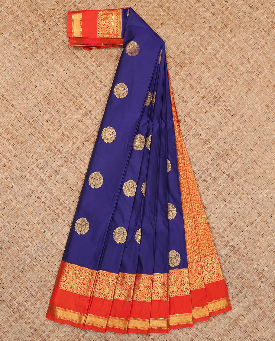 Navy Blue Budget Silk Saree, Highlighted by Zari Buttas, Complemented by Contrast Traditional Rettai Pettu Border, a Jaal Pallu and a Contrast Blouse