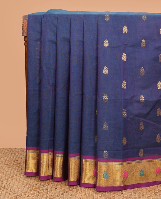 Blue zari buttas Venkatagiri cotton saree, contrast zari and thread border, and pallu of zari designs