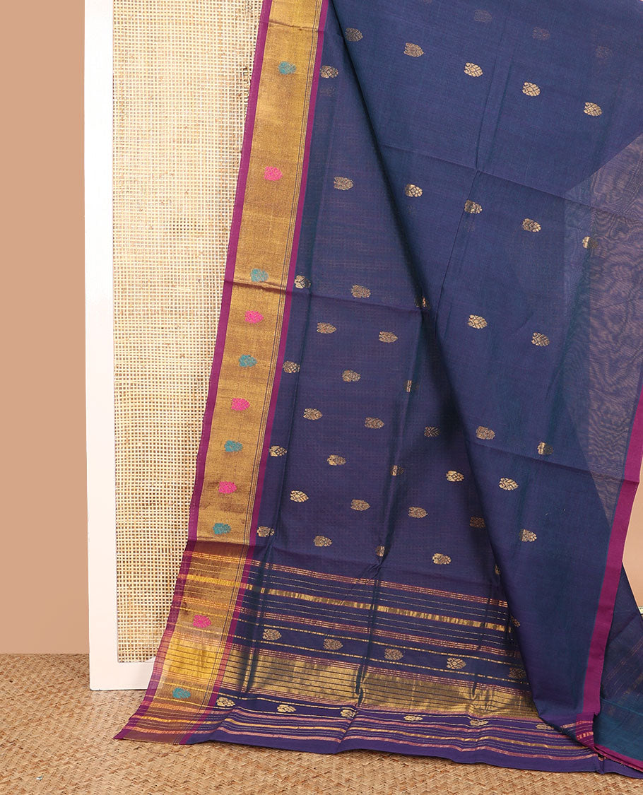Blue zari buttas Venkatagiri cotton saree, contrast zari and thread border, and pallu of zari designs